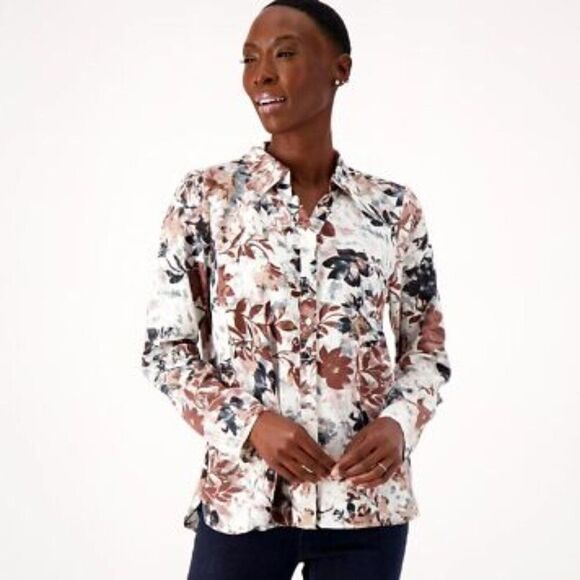 Denim & Co Stretch Woven Button Up Long Sleeve Floral Large - Picture 1 of 12